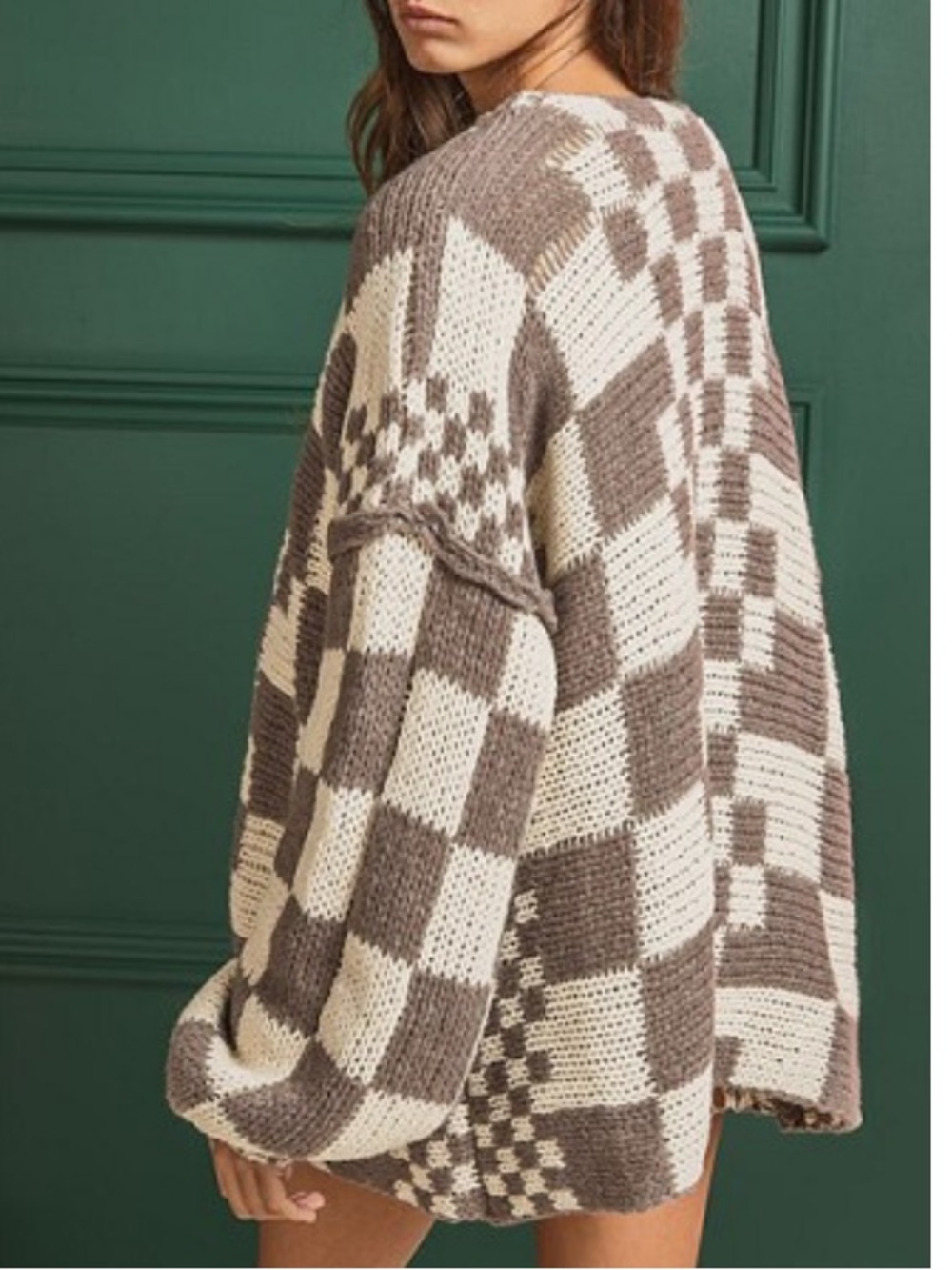 MISS LOVE Women Oversized Checkerboard Cardigan Sweater - Cream & Brown Large